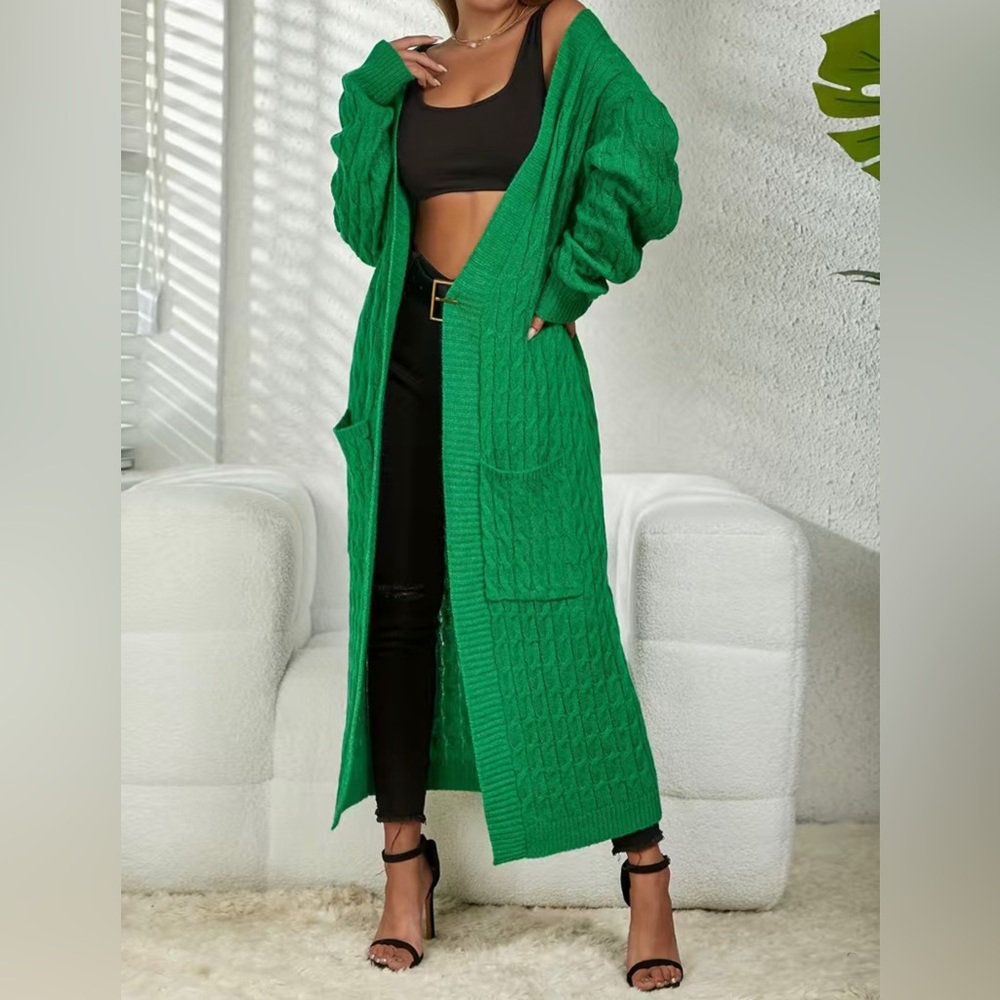 Long Maxi Cardigan Cable Knitted Long Sleeve Open Front Sweater - Picture 3 of 13